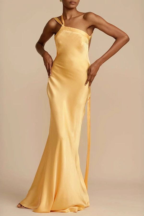 Elegant Asymmetrical Shoulder Slim Satin Party Formal Dress Main image