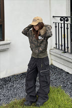 Detachable Fur Camo Cropped Zip Hoodie