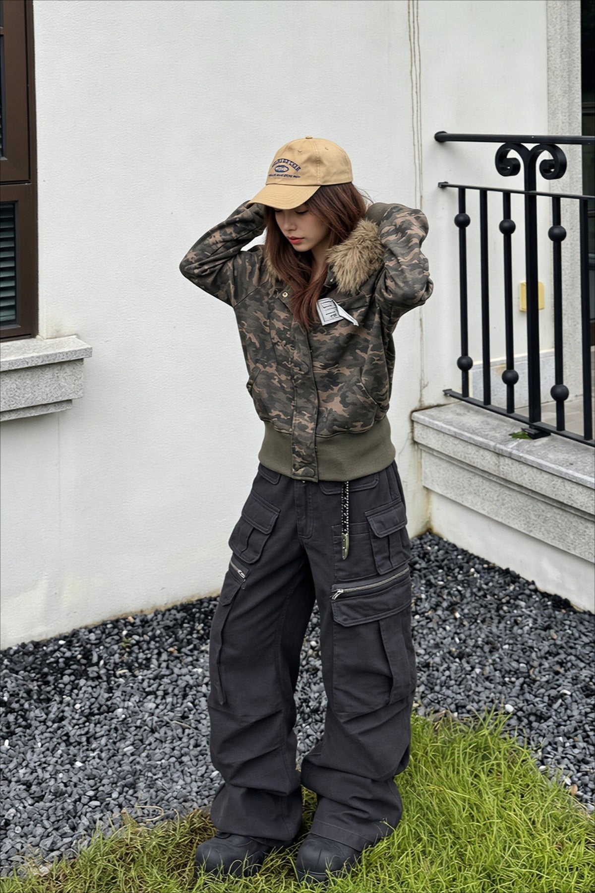 Detachable Fur Camo Cropped Zip Hoodie