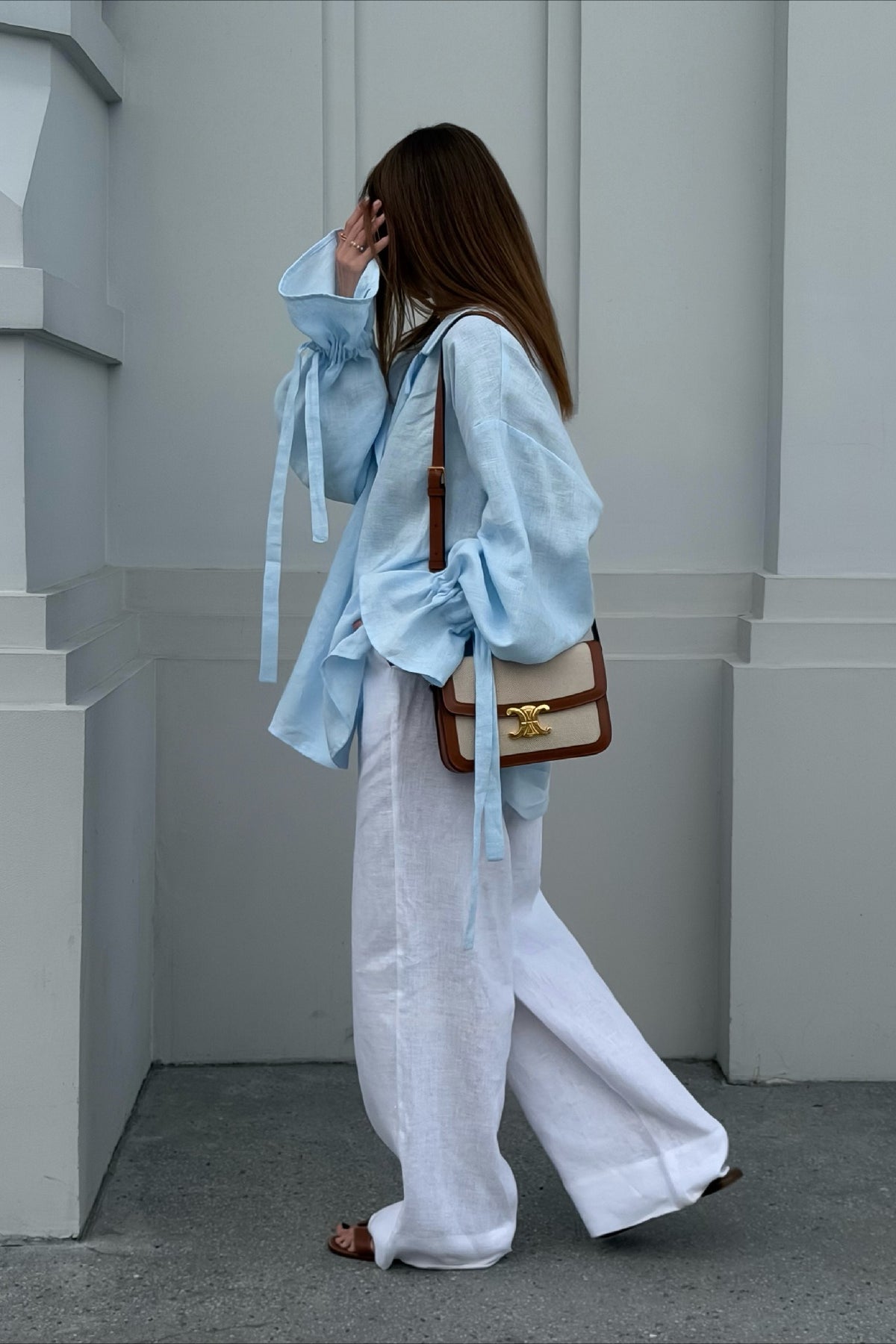 Tie Cuff Oversized Blue Long Sleeve Blouse