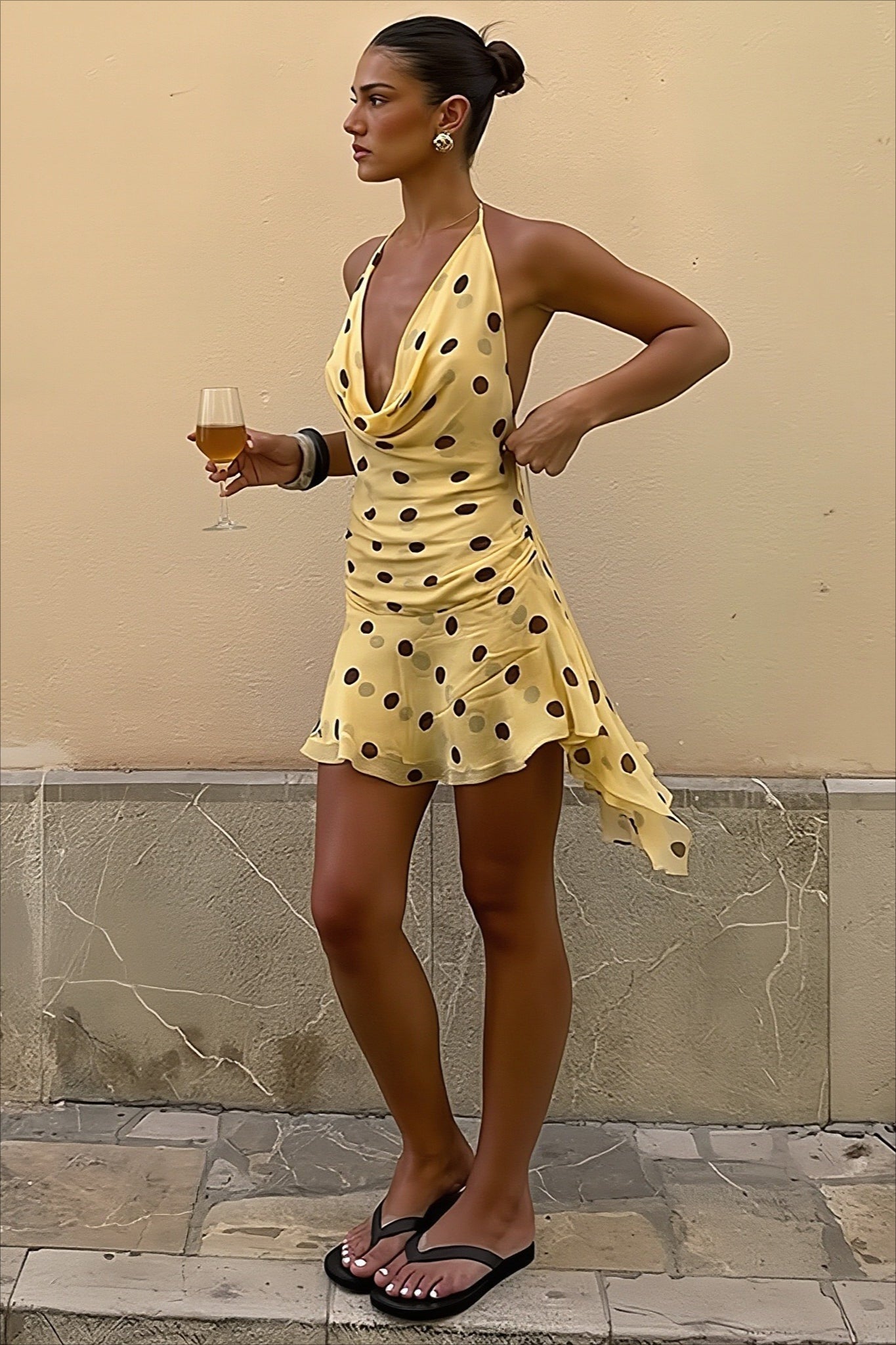 Polka Dot Mesh Halter Cowl Neck Fitted Mini Dress