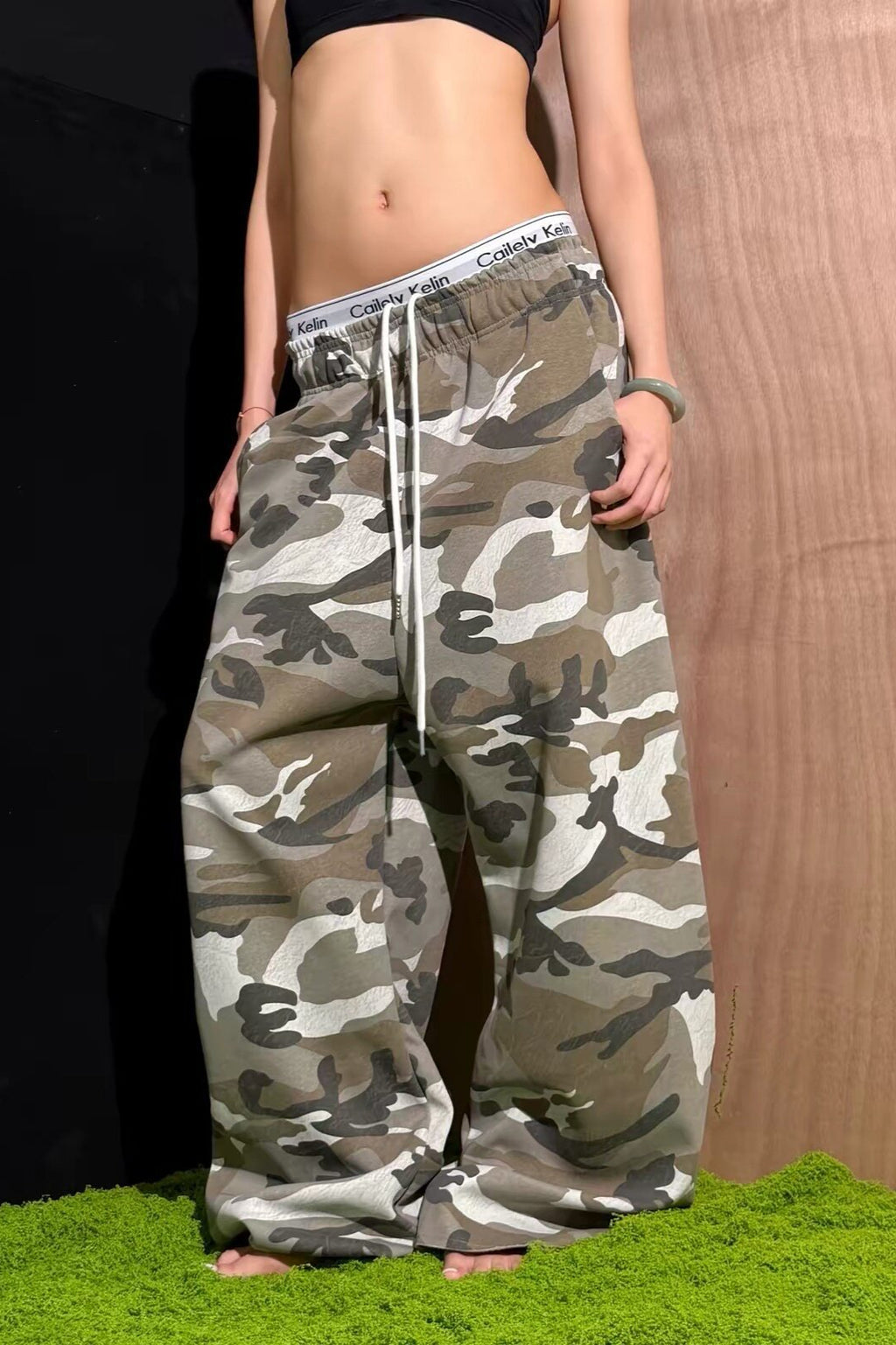 Camo Drawstring Wide Leg Cargo Pants