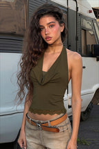 Lace Panel Cowl Neck Halter Fitted Crop Top