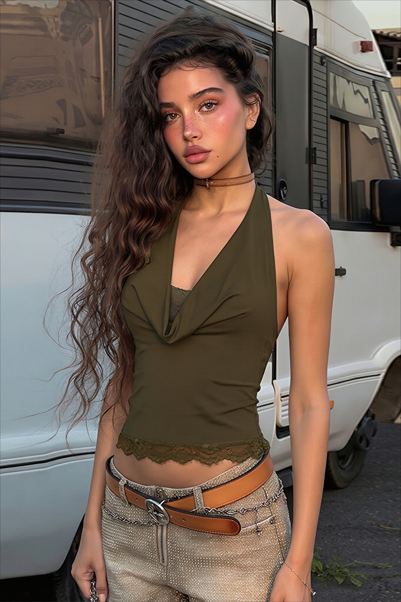 Lace Panel Cowl Neck Halter Fitted Crop Top