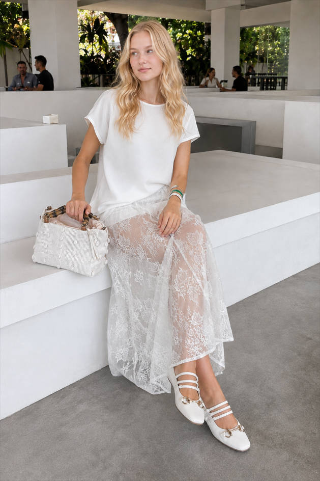 Sexy Sheer Brocade Lace White Jacquard Maxi Skirt