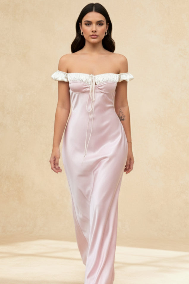 Pink Satin Ruched Charming Contrast Sleeve Dress Secondary image