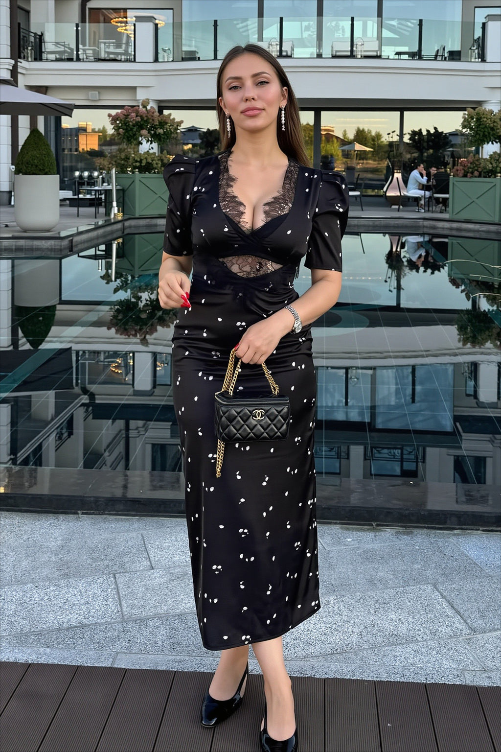 Polka Dot Lace Cutout Elbow Sleeve Midi Dress