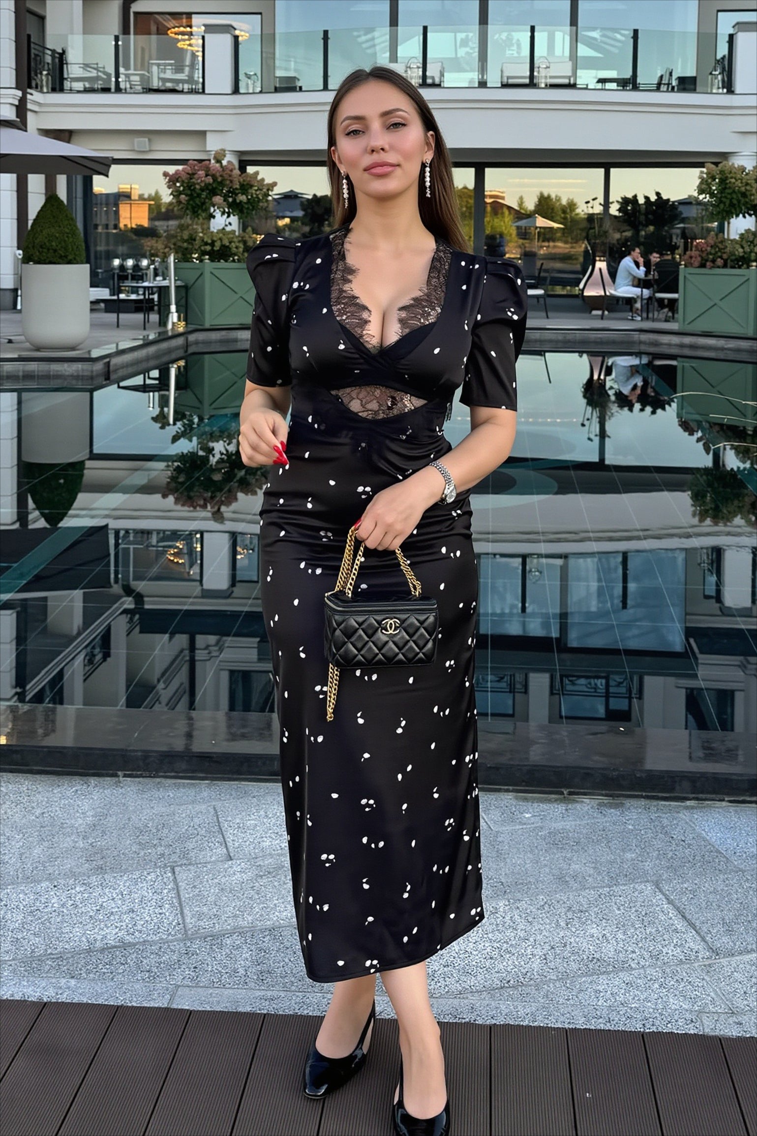 Polka Dot Lace Cutout Elbow Sleeve Midi Dress