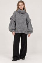 Solid Patchwork Chunky Fluffy Turtleneck Sweater