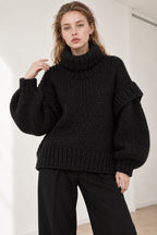 Solid Patchwork Chunky Fluffy Turtleneck Sweater