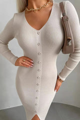 V-Neck Buttoned Split Fitted Bodycon Midi Knit Sweater Dress