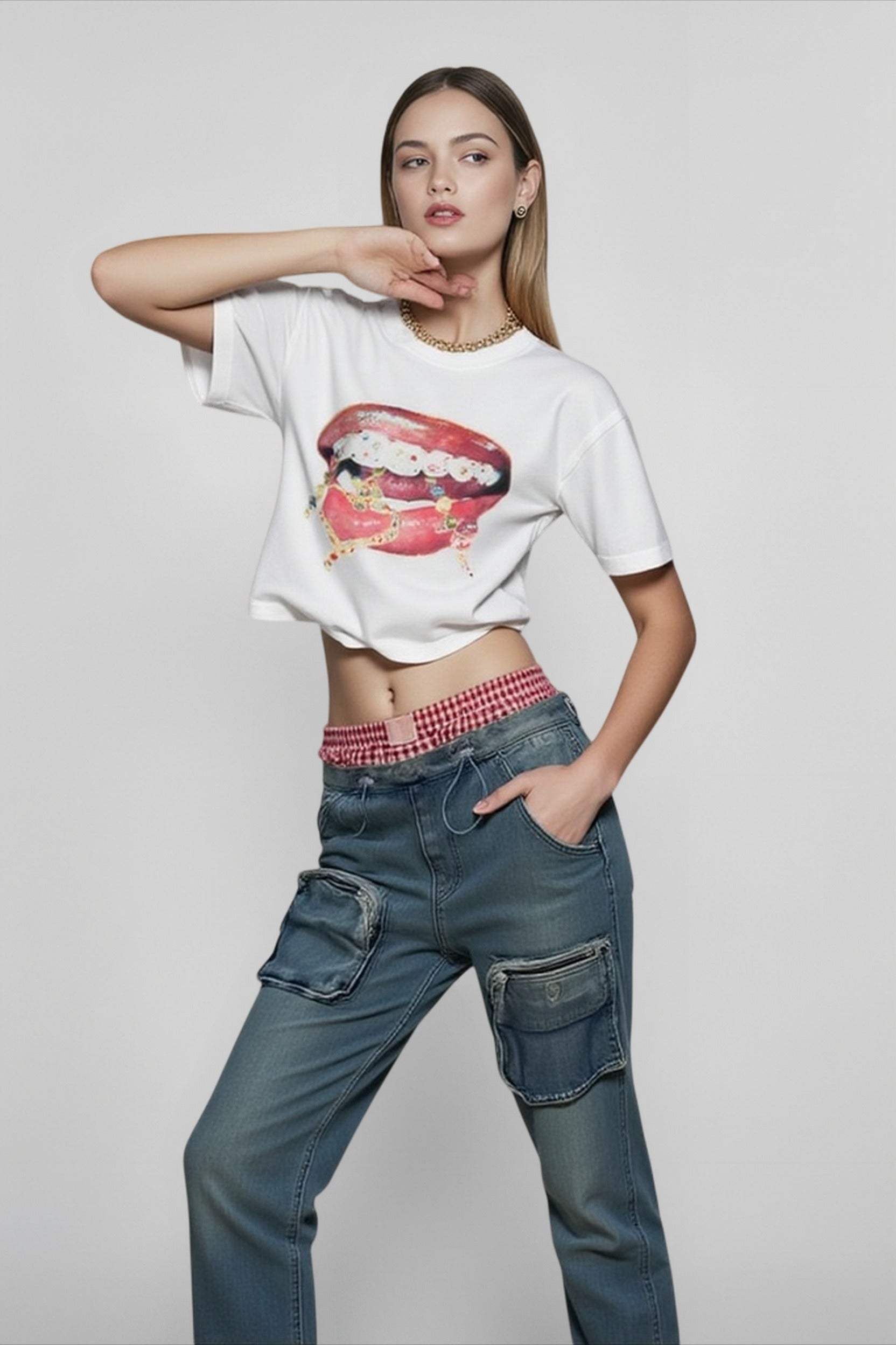 Lips Print Colorblock T-shirts Secondary image