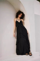 Solid Color V Neck Backless Strappy Sexy Boho Dress