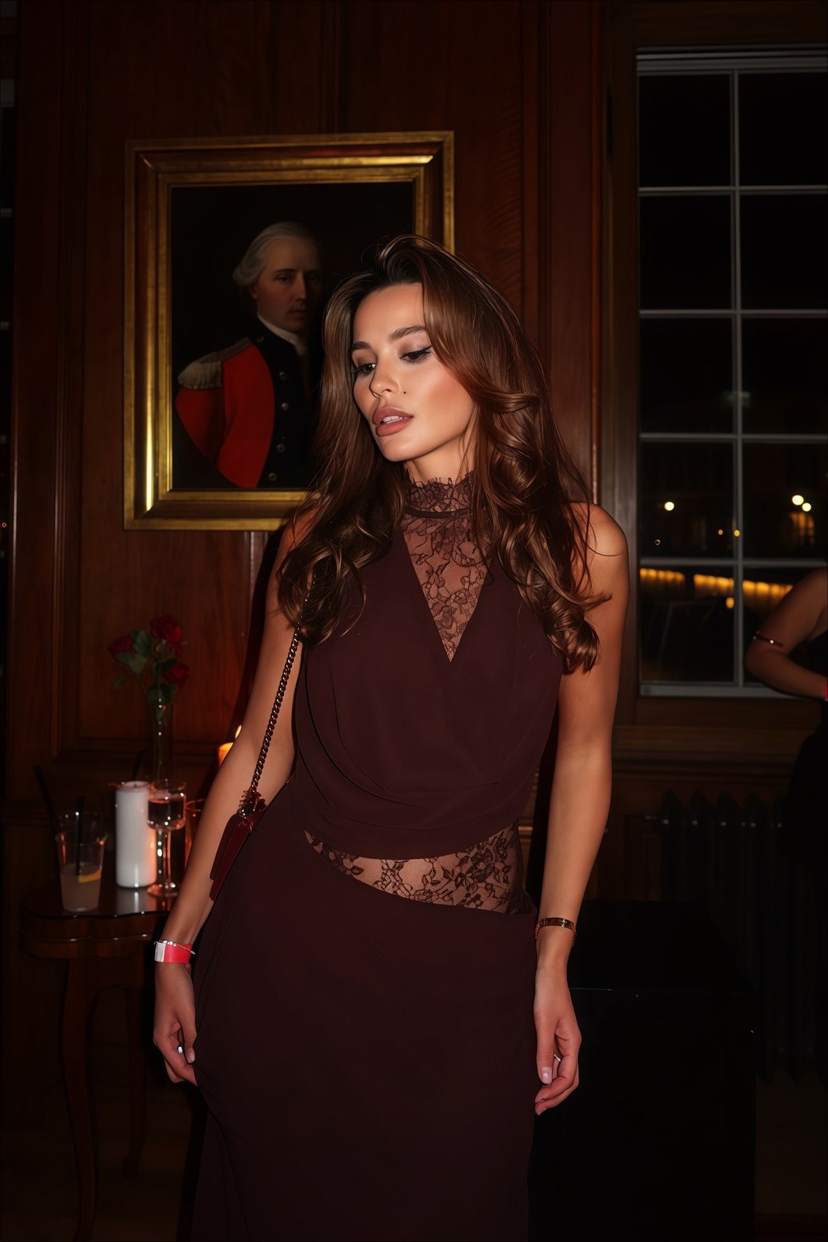 Lace High Neck Draped Waist Maxi Dress