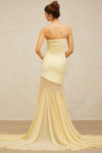 Pale Mesh Panel Strapless Gown Prom Dress