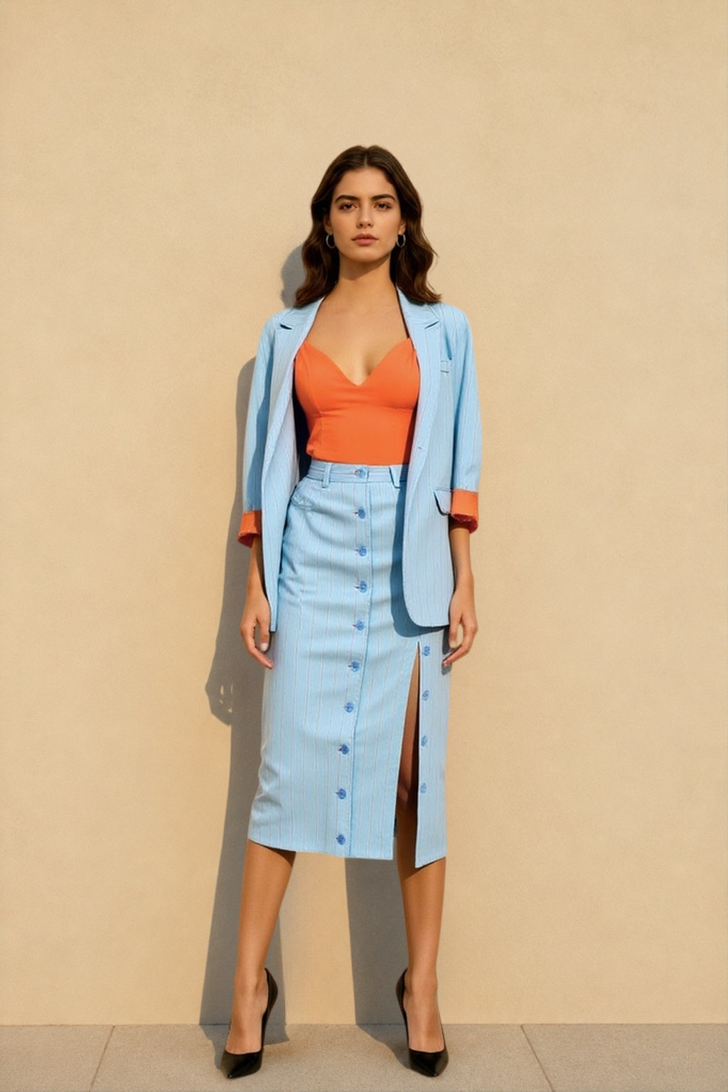 Striped Lapel Long Sleeve Blazer Split Bodycon Two Piece Set Main image