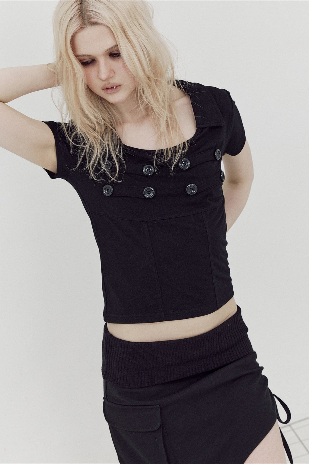 Double Breasted Collared Fitted Short Sleeve T-Shirt