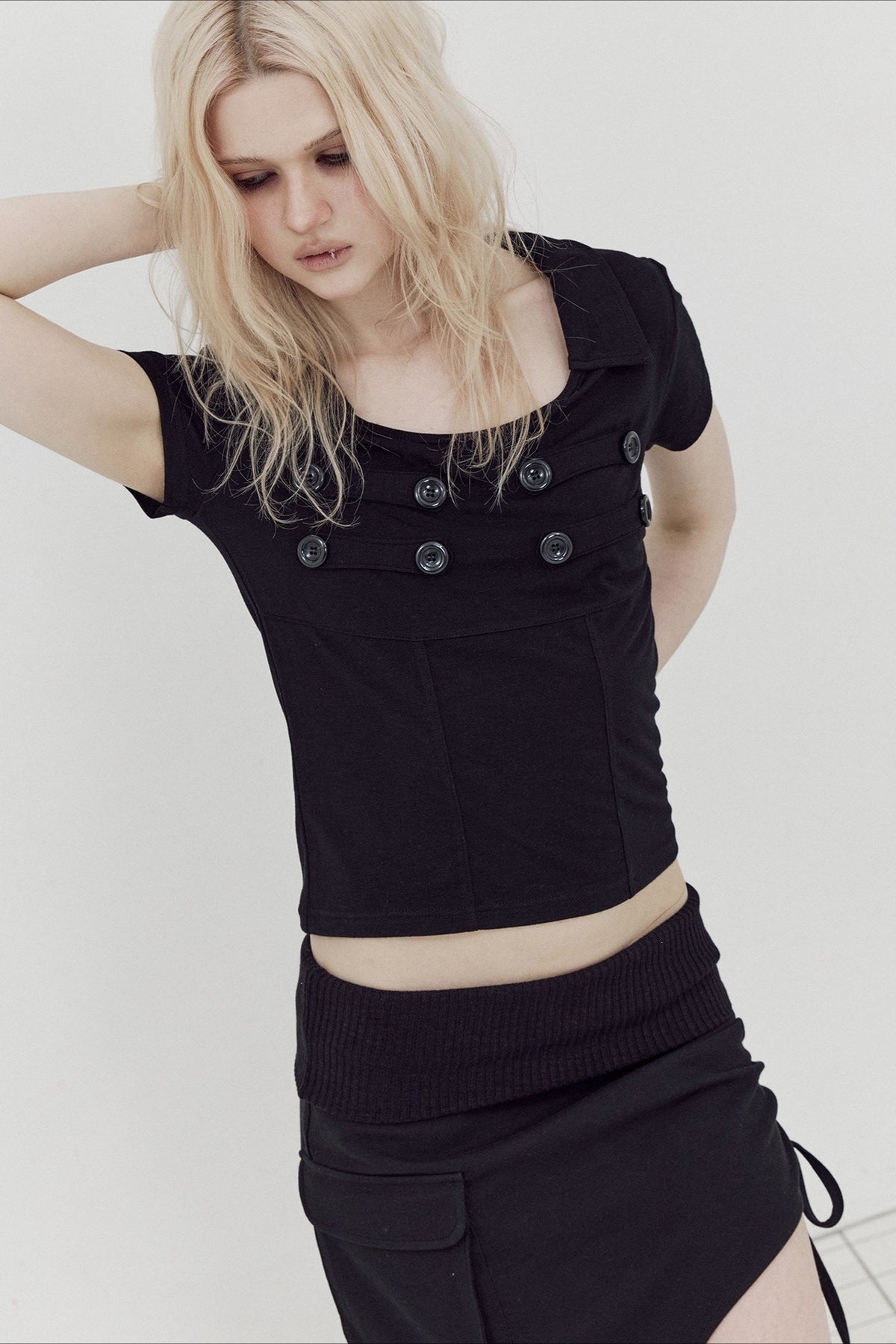 Double Breasted Collared Fitted Short Sleeve T-Shirt