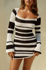 Striped Color-Block U-Neck  Long-Sleeve Knit Sweater Dress