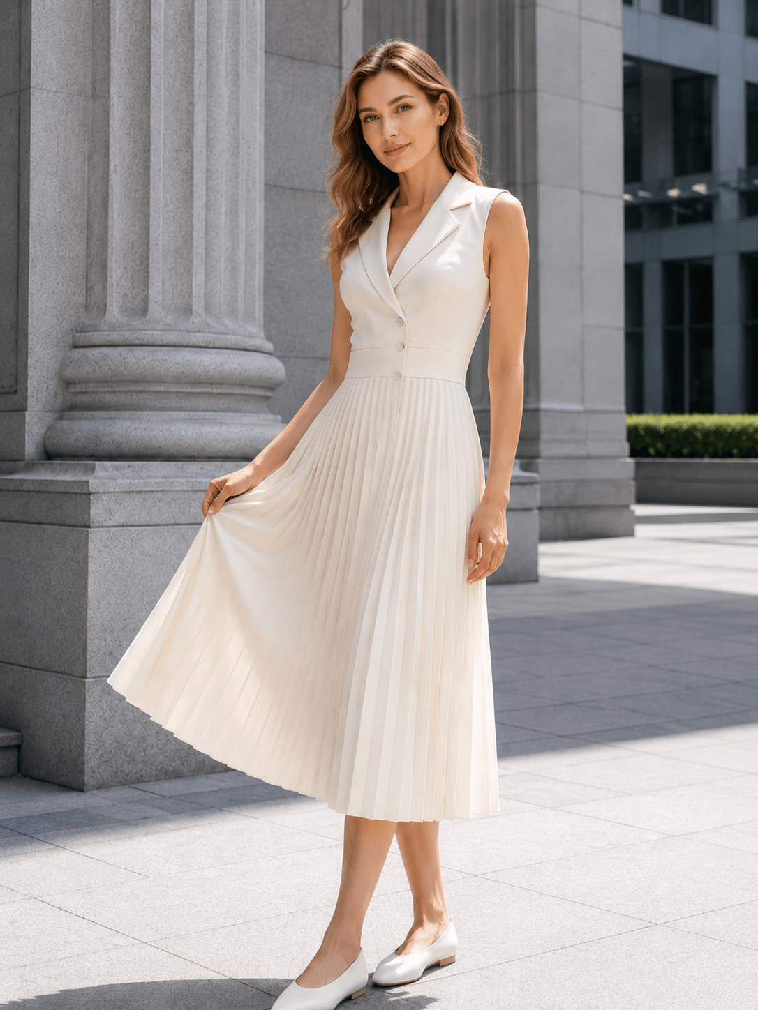 Ruched Ice Silk Lapel High Waist Work Dress Main image