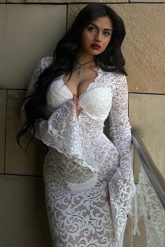 Sheer Lace Deep V-Neck Flared Sleeve Maxi Lace Dress Main image
