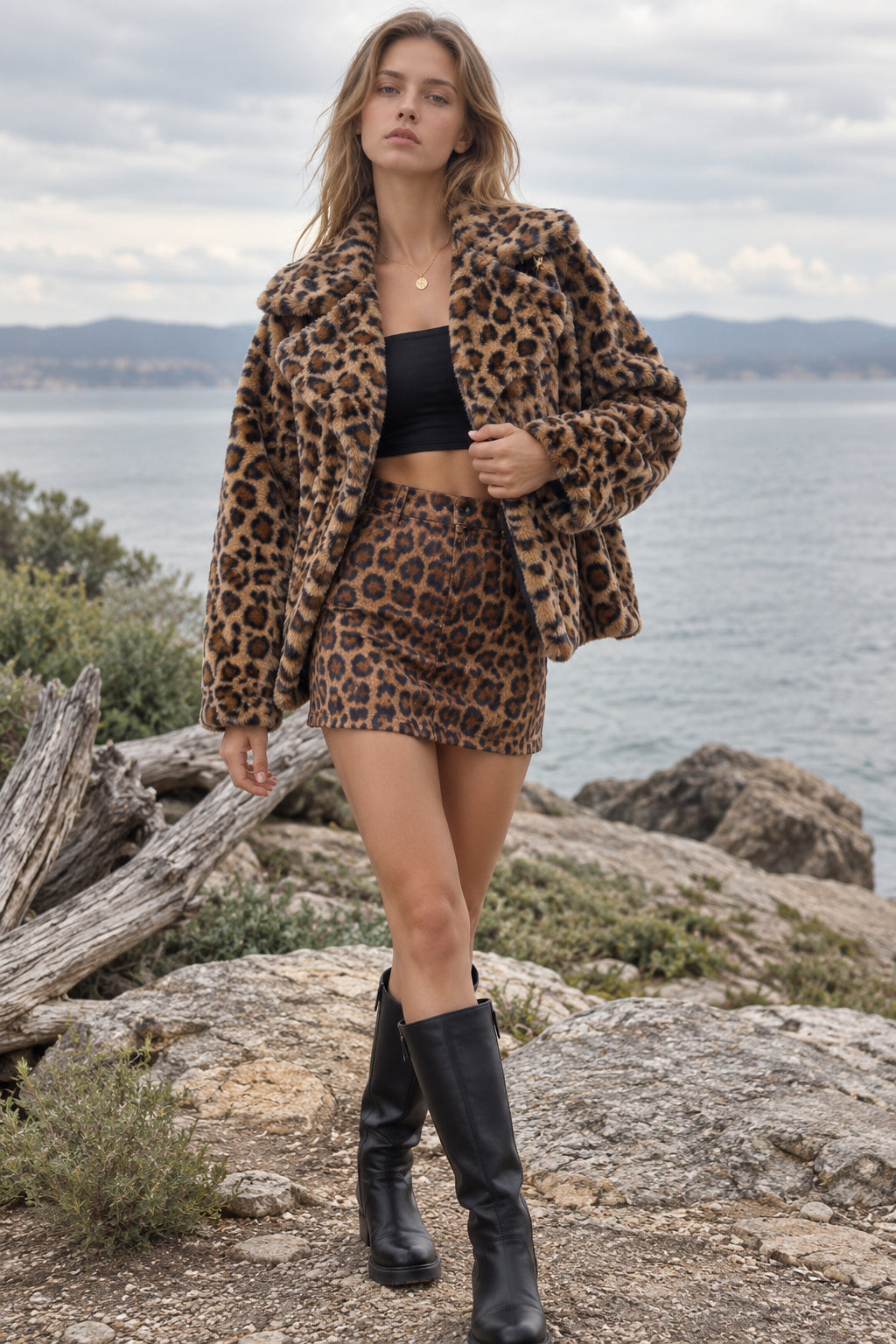 Fleece Leopard Zebra Print Notch Collar Coat Main image