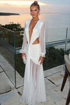 Plunging Mesh Cutout Ruched Waist Maxi Dress