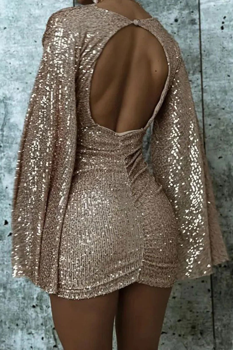 V Neck Bodycon Asymmetric Sequin Cocktail Dress Secondary image