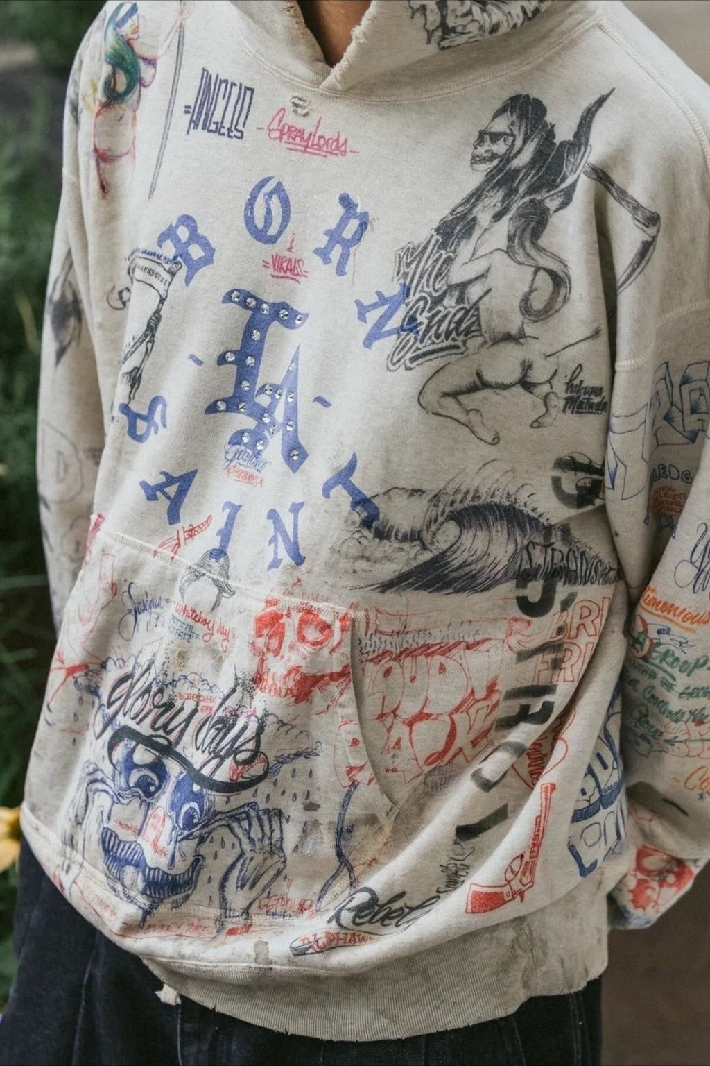 Distressed Rhinestone Graffiti Print Hoodie