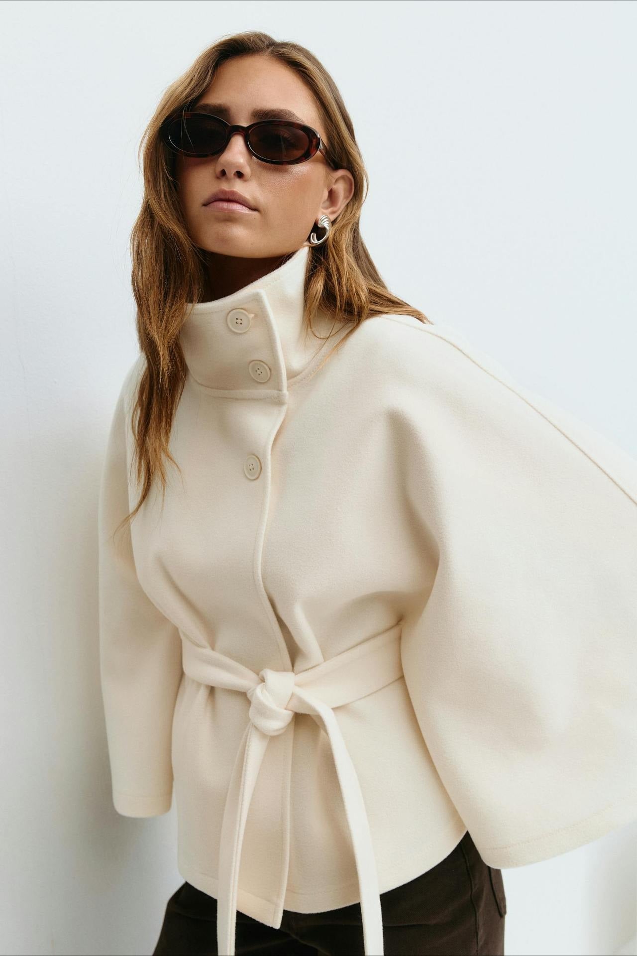 High Neck Button Detail Batwing Sleeve Coat Main image