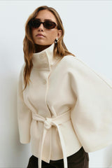 High Neck Button Detail Batwing Sleeve Coat