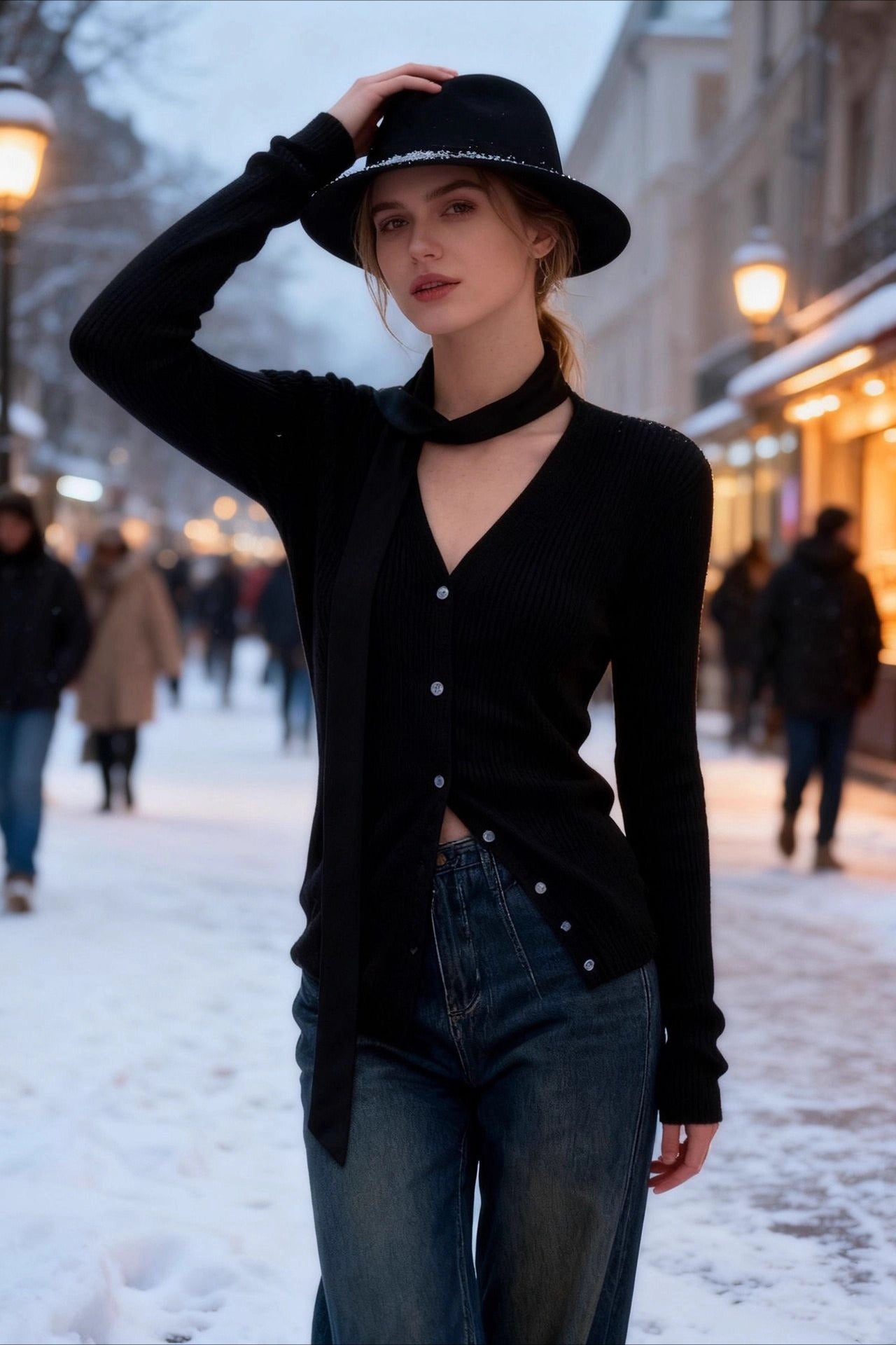 Draped Collar Textured Knit Top Secondary image