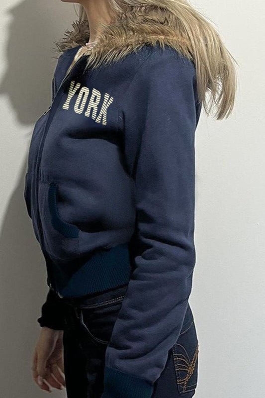 Fur Collar Letter Print Zip-Up Hoodie Secondary image