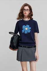 Botanical Print Round Neck Knit Top