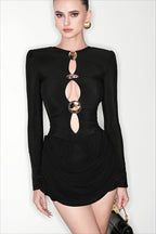 Metal Ring Cutout Long Sleeve Ruched Mini Dress