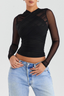 Sheer Mesh Paneled Zipper Long Sleeve Slim Crop Top