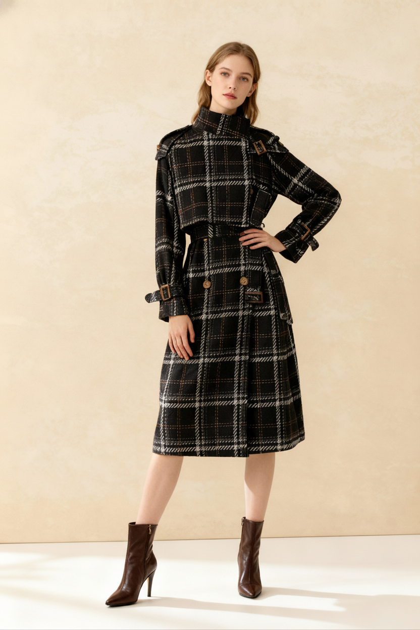 Autumn Winter Long Loose Warm Plaid Wool Blends Sleeve Belt Double Breasted Woolen Stylish Coat Main image