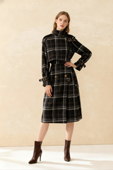 Autumn Winter Long Loose Warm Plaid Wool Blends Sleeve Belt Double Breasted Woolen Stylish Coat