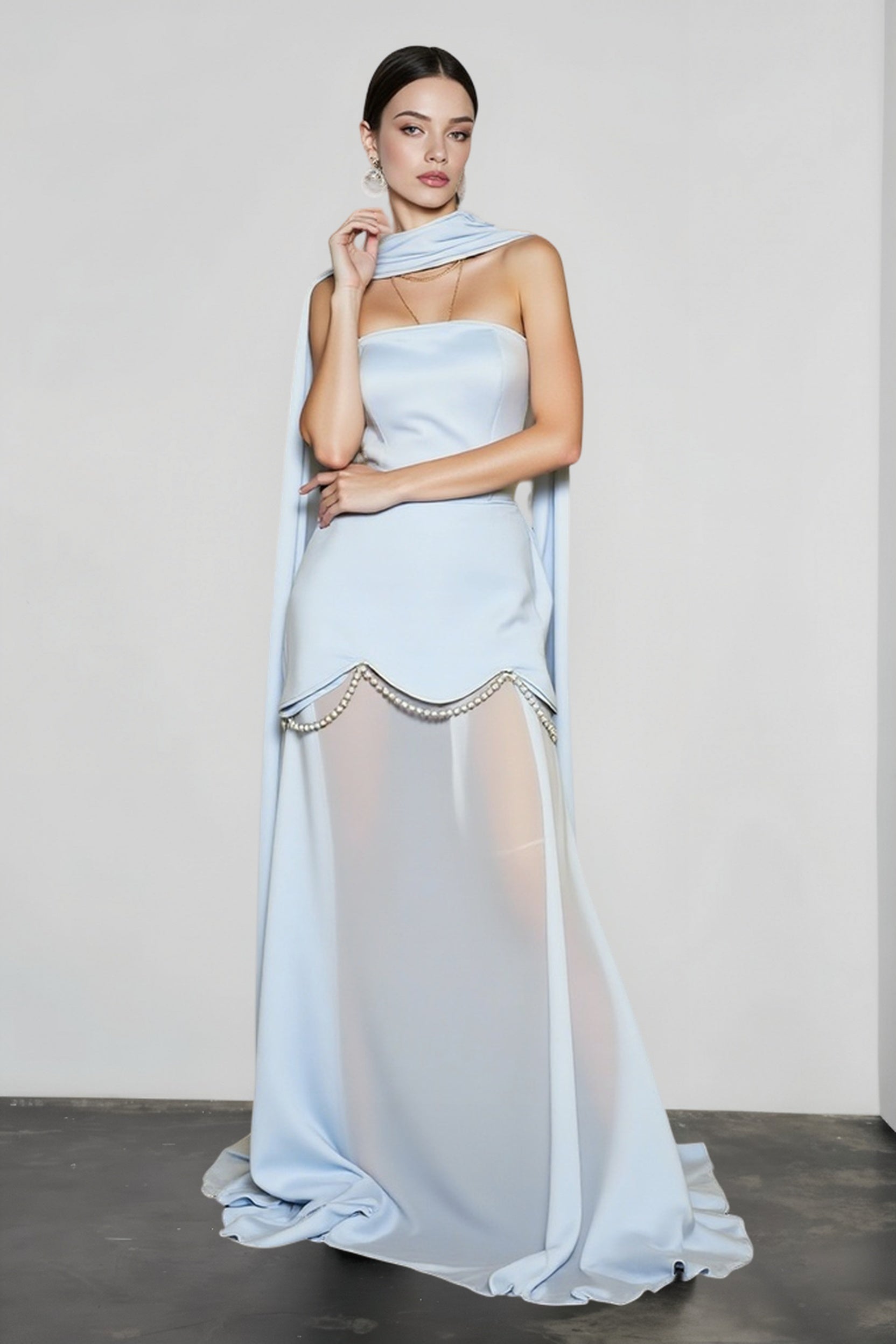 Strapless Sash Mesh Beaded Reception Dress Main image