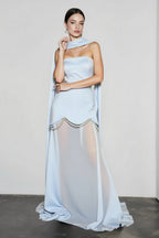 Strapless Sash Mesh Beaded Reception Dress