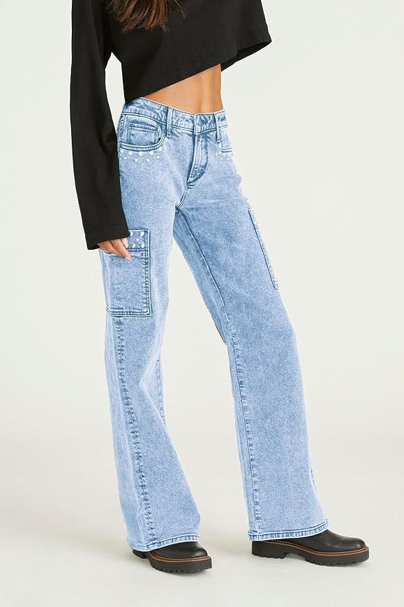 Y2K Pearl Embellished High Waist Boyfriend Straight Jeans Secondary image