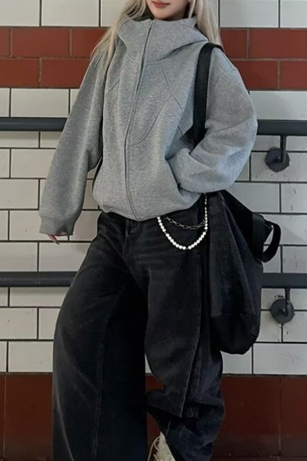 Slouchy Vintage Double Zip Hooded Stand Collar Loose Hoodie Main image