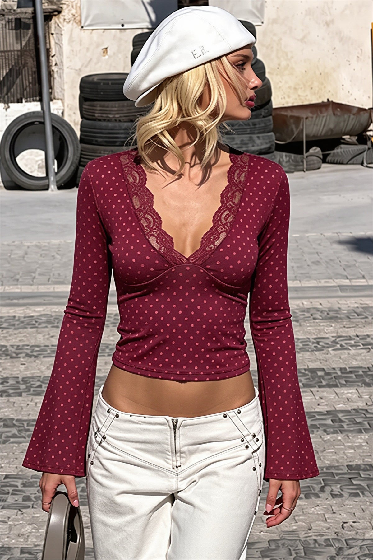 Polka Dot Lace Trim V-Neck Long Sleeve Crop Top Main image