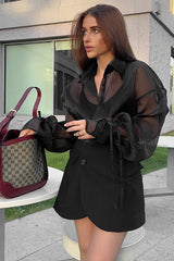 Sheer Puff Sleeve Collared Sexy Elegant Workwear Blouse