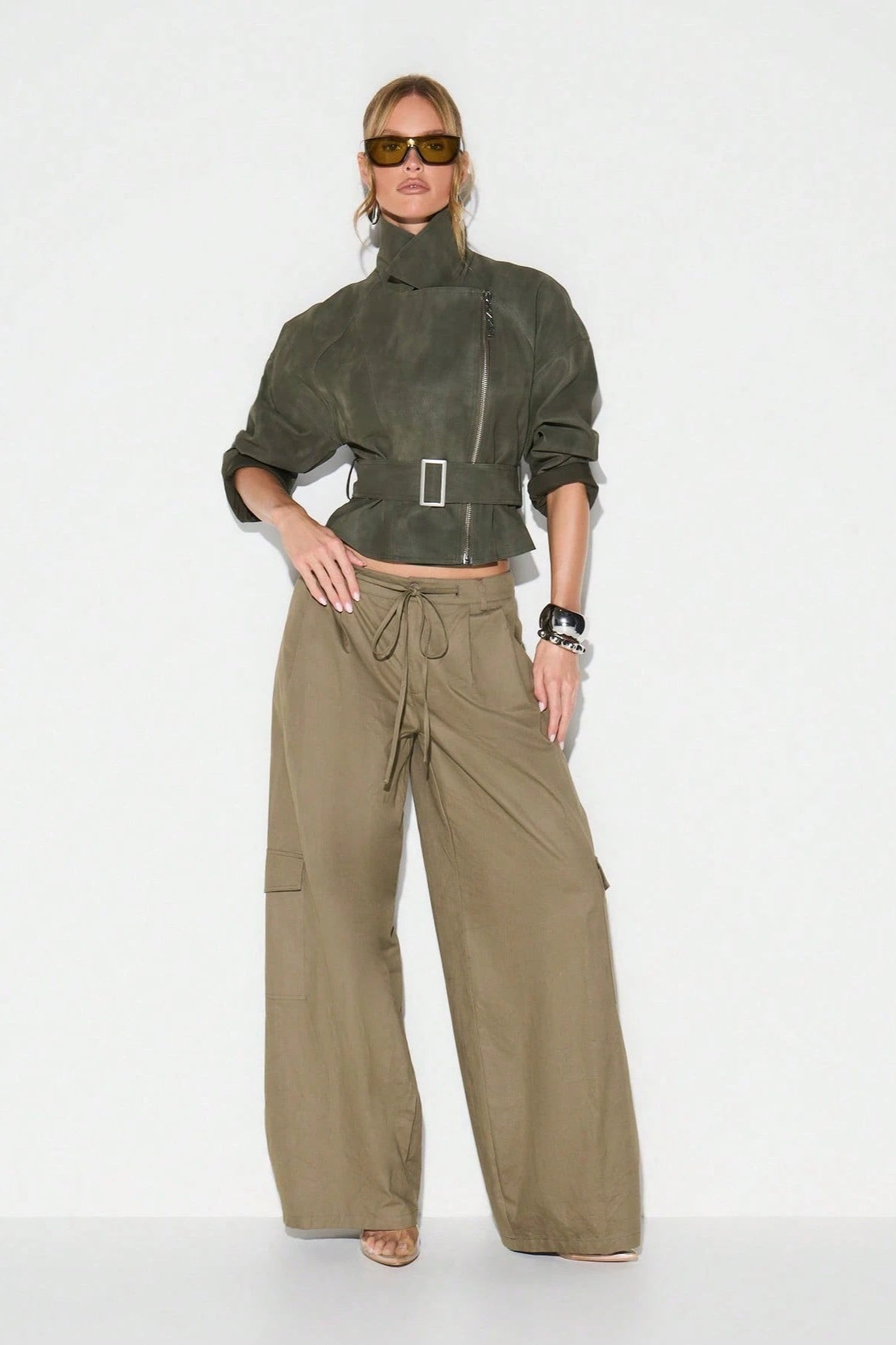 Suede Look Asymmetric Zip Belted Cropped Coat