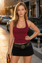 Polka Dot Backless Halter Tank Top