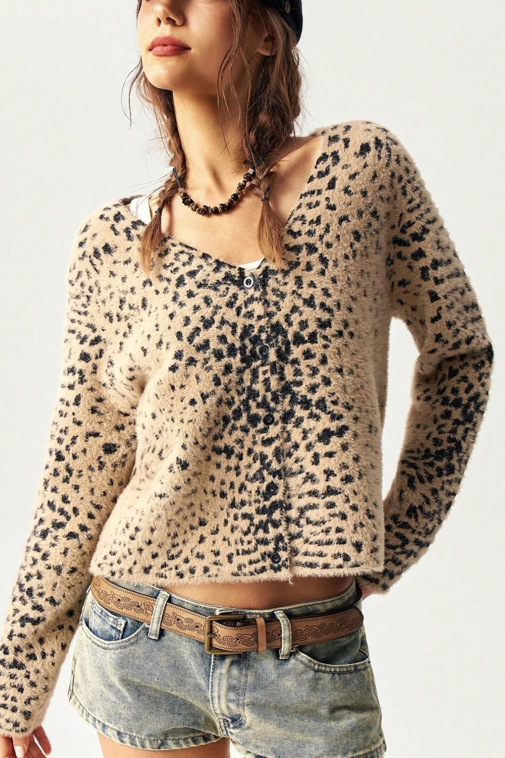 Leopard Print V Neck Button Cardigan Sweater