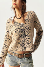 Leopard Print V Neck Button Cardigan Sweater