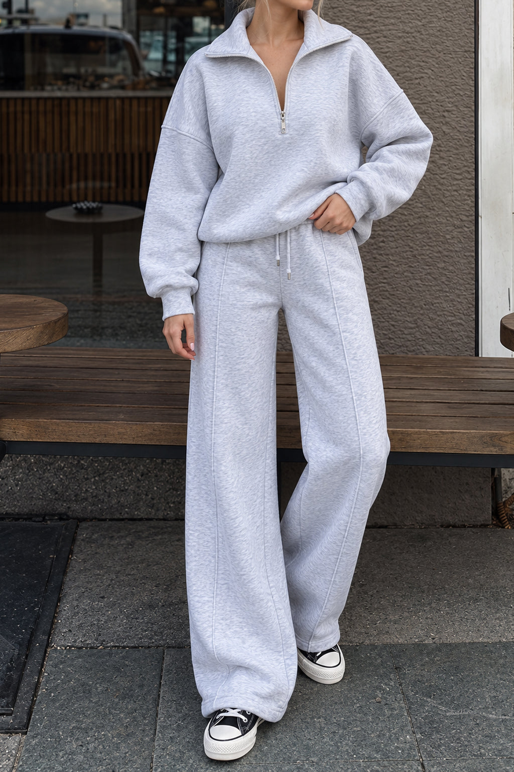 Half Zip Sweatshirt Wide Leg Pants Set