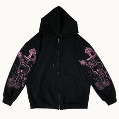 Printed Zip Vintage Black Casual Sporty Hoodie